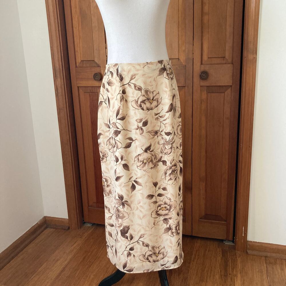 Vintage 90s Laura Scott Beige Floral Midi Skirt, Size 10
